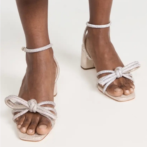 Loeffler Randall Mikel Leather Bow Mid-Heel Sandals in Cappuccino rhinestones - Picture 2 of 8